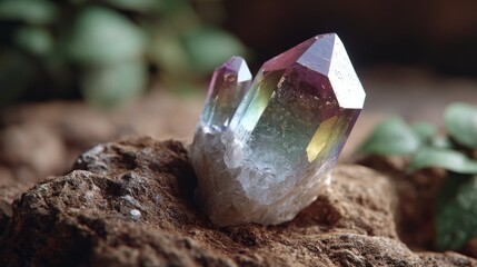 Obraz premium Close up of iridescent crystal clusters on rough brown stone with blurred green foliage background