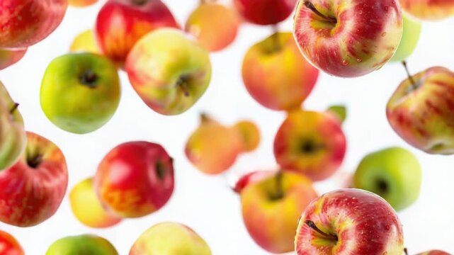 A bunch of apples falling from above, suspended in mid-air