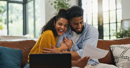 Happy, hug and couple with paperwork, financial planning or excited for home loan on website or...