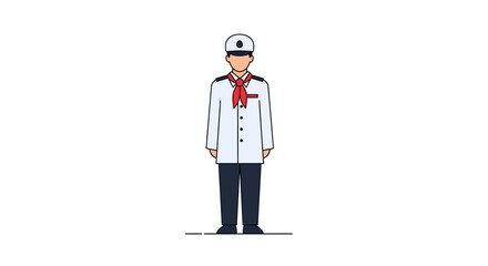 Young Pioneer in Uniform with Red Necktie and Cap, Standing Straight