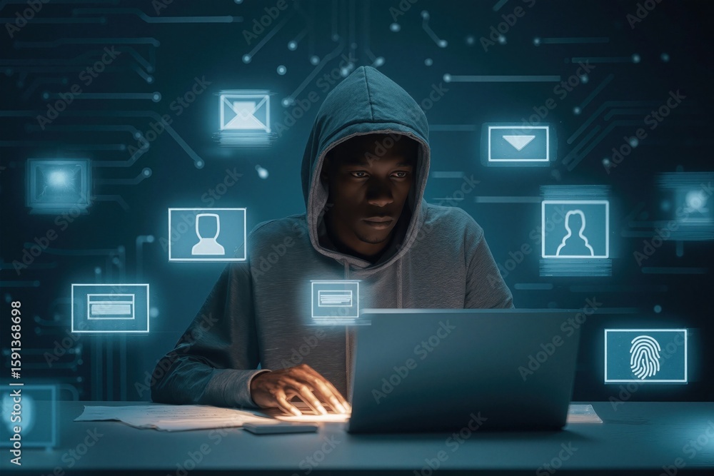 Aufkleber hacker in hoodie using laptop with digital security icons