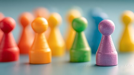 Colorful game pieces lined up on a table for a fun board game experience.