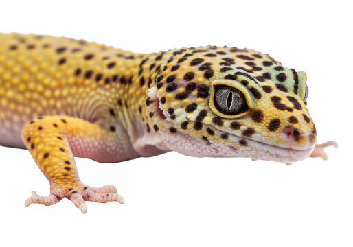 A detailed macro shot of a leopard gecko with yellow and black spots, isolated on a transparent background