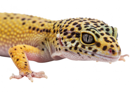 A detailed macro shot of a leopard gecko with yellow and black spots, isolated on a transparent background