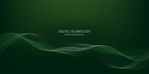 Futuristic green tech background with modern wavy dots.