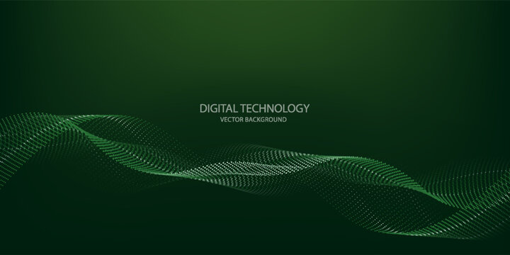 Futuristic green tech background with modern wavy dots.
