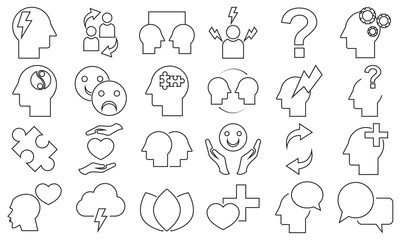 Mental Health and Therapy Icon.  Brain, speech bubble, puzzle, conversation, meditation, lotus, support icon. Pictograms and infographics for mobile apps. vector illustration.