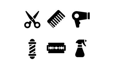Barber shop icon set: scissors, comb, hair dryer, razor, spray bottle, barber pole