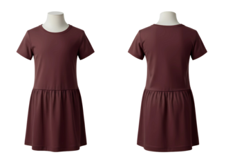 Two views of a maroon short sleeve drop waist dress on a white background