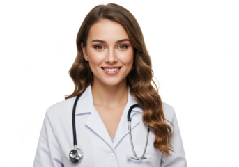 A smiling female doctor in a white coat with a stethoscope, isolated on a transparent background