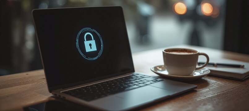 Laptop with Security Lock Icon and Coffee in Cozy Cafe Setting