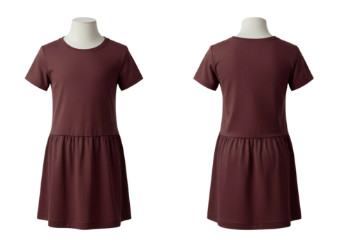 Two views of a maroon short sleeve drop waist dress on a white background