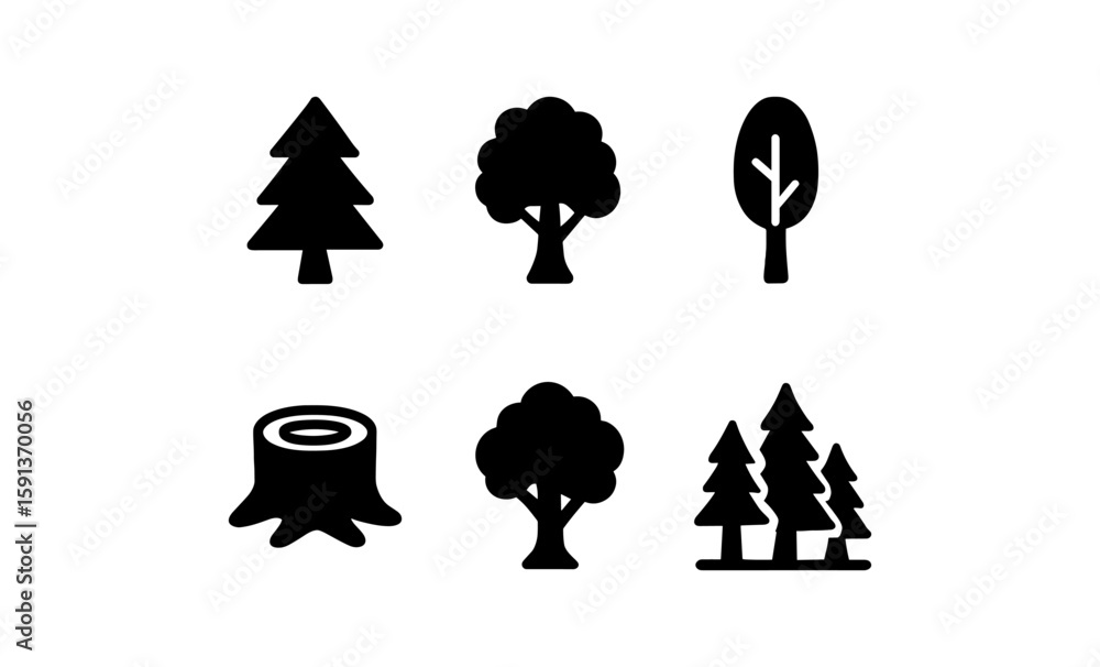Aufkleber minimalist tree icons set featuring different types of trees in silhouette style