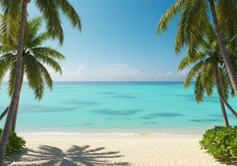 Tropical paradise beach with palm trees, turquoise ocean, and sunny sky perfect for a summer vacation, turquoise ocean, and sunny sky perfect for a summer vacation