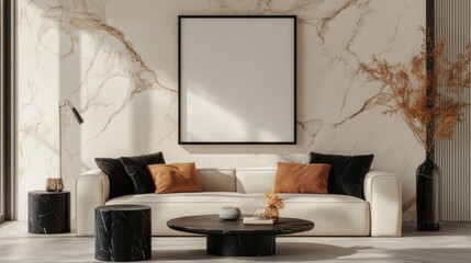 Modern living room interior design featuring a cream sofa and marble accents.