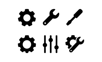 Obraz premium Silhouette gear and tool icons for repair and maintenance