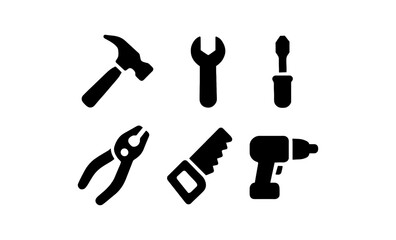 Essential tools silhouette set: hammer, wrench, screwdriver, pliers, saw, drill
