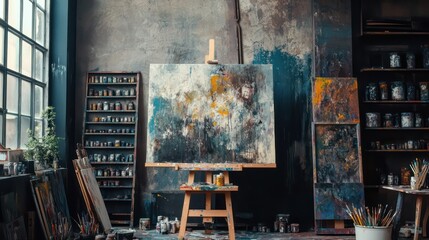 Artistic Studio Interior with Colorful Abstract Paintings