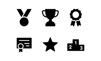 Achievement icons set: medals, trophies, and awards in silhouette style
