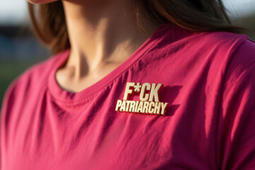 Close-up of gold pin reading "F*CK patriarchy" on pink t-shirt. Bold feminist statement against gender inequality and systemic oppression