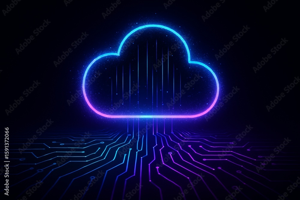 Poster glowing cloud symbol with circuit lines below, representing data storage, connectivity, and cloud co
