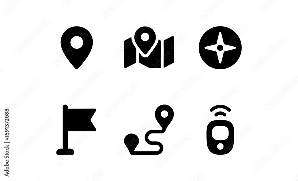 Poster set of black navigation icons with map and compass elements
