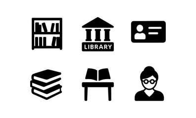 Library elements icon set: books, building, id card, desk, glasses
