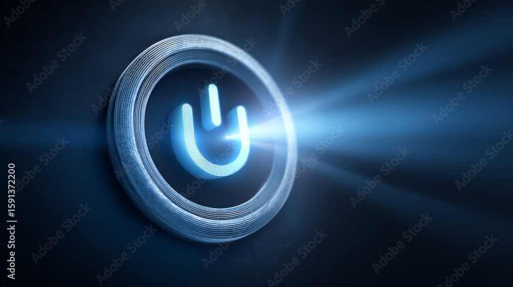 Poster illuminated power button symbolizing activation and technology innovation.