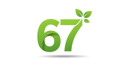 Green Number Sixty Seven with Leaf Accents on White Background