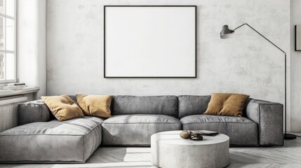 Gray sectional sofa and coffee table in a modern living room.