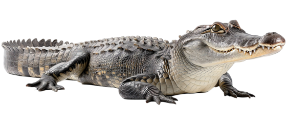 Ultra‑high‑resolution full‑body alligator illustration with lifelike scales isolated on seamless transparent PNG background, ideal cutout for wildlife branding, swamp‑themed graphic design