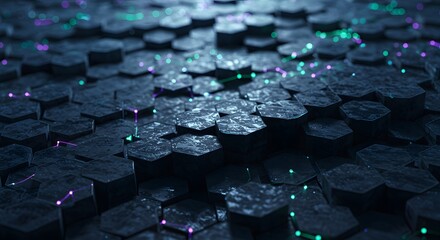 Abstract dark hexagonal surface with glowing green and purple lights, creating a futuristic, technological, and textured background.