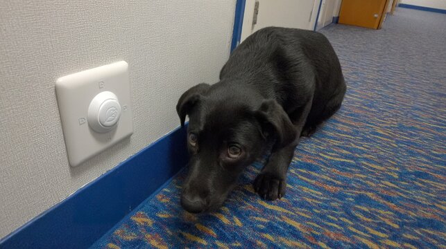 Service Dog Assisting by Pressing Door Button in a Clean Indoor Environment, Symbolizing Accessibility and Aid