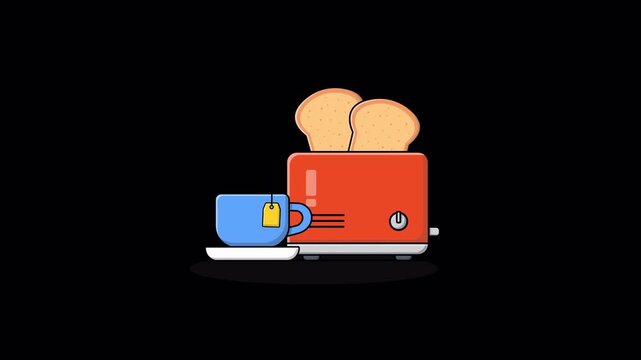 Animated Toaster with Bread and Tea Cup. Breakfast Concept Video - Transparent