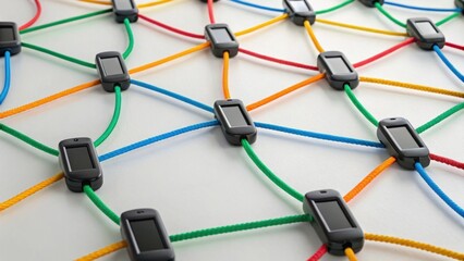 Connected smartphones are arranged on colorful ropes, illustrating a network or communication concept.