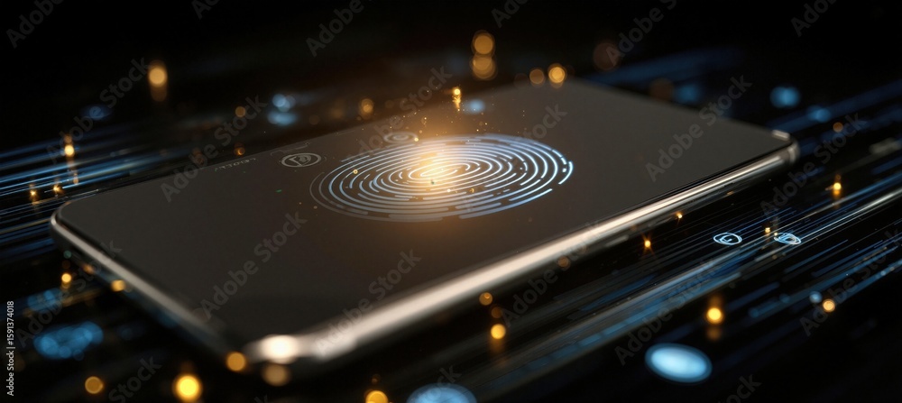 Poster futuristic smartphone with digital fingerprint security interface