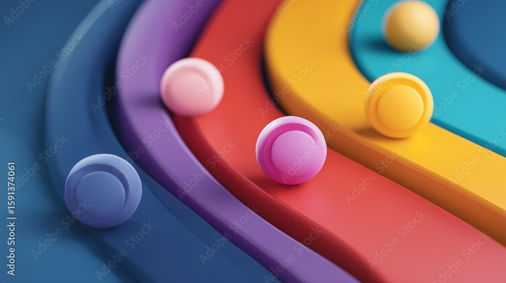 Poster vibrant abstract design featuring colorful circular shapes on flowing waves.