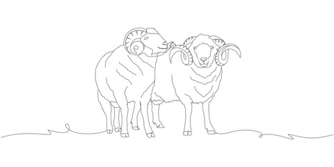 Continuous One Line Drawing of Two Horned Rams Standing Together eps 1