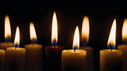 A single candle burning in complete darkness, soft flickering flame creating gentle light halos, concept of hope in darkness, solitude, peace, photorealistic,Generative Ai
