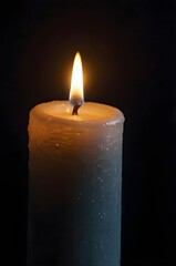 A single candle burning in complete darkness, soft flickering flame creating gentle light halos, concept of hope in darkness, solitude, peace, photorealistic,Generative Ai
