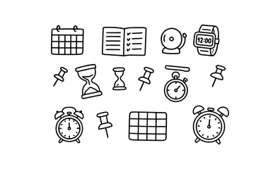 Hand drawn time management icons with clocks, calendars, and alarms