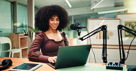 Internet, influencer and woman with laptop, smile and live streaming with research for talk show....