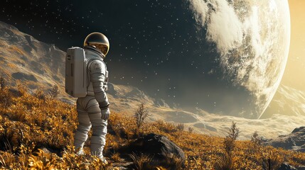 Solitary Astronaut Contemplates Alien Planet's Golden Landscape