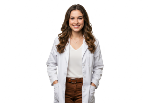 A smiling female doctor in a white lab coat stands confidently with her hands in her pockets, isolated on a transparent background