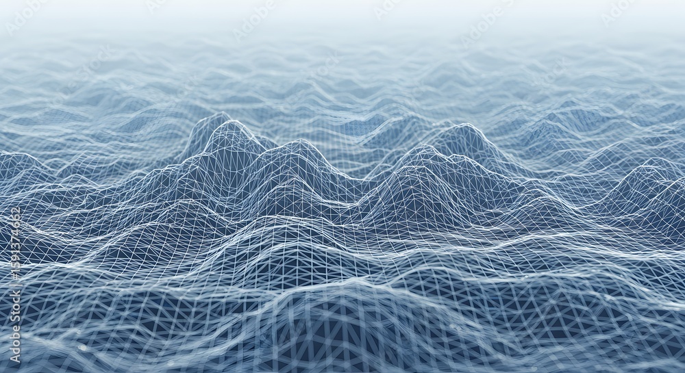 Poster abstract low-poly rendering of a wavy surface, resembling water or terrain, with a blue color gradie