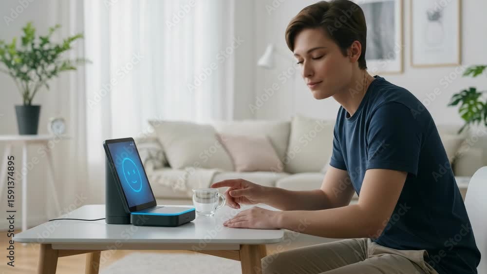 Poster smart speaker and smart home device display a screen and sit atop a table. smart speaker technology 