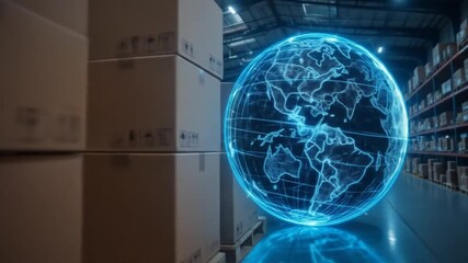 A digital globe in a warehouse symbolizes global supply chain connectivity. 4k video - Powered by Adobe