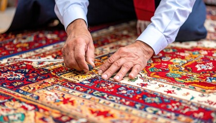 Close up view of a craftsman's hands carefully working on a vibrant intricately patterned handmade rug