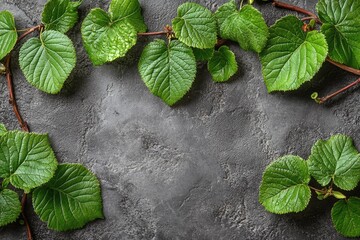 Fresh green leaves on dark stone
