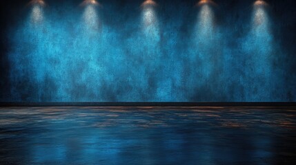 Empty room, blue spotlights, concrete floor
